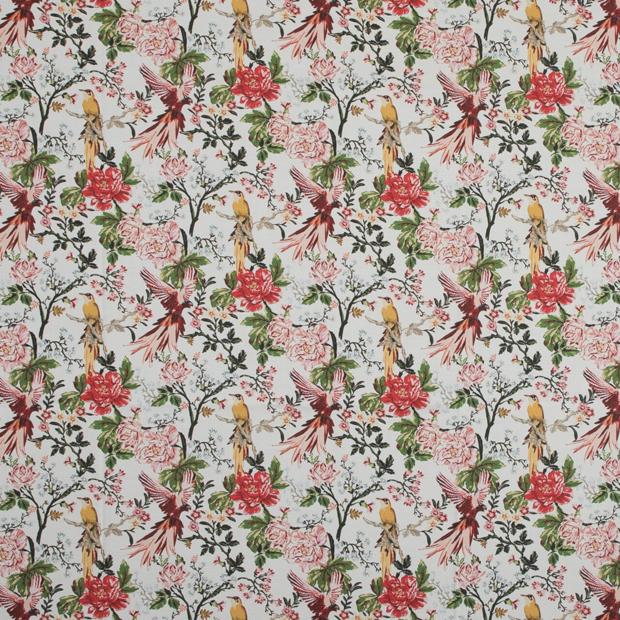 1 Yard Stretch Cotton Sateen Parrots Play Amongst Flowers Print Fabric